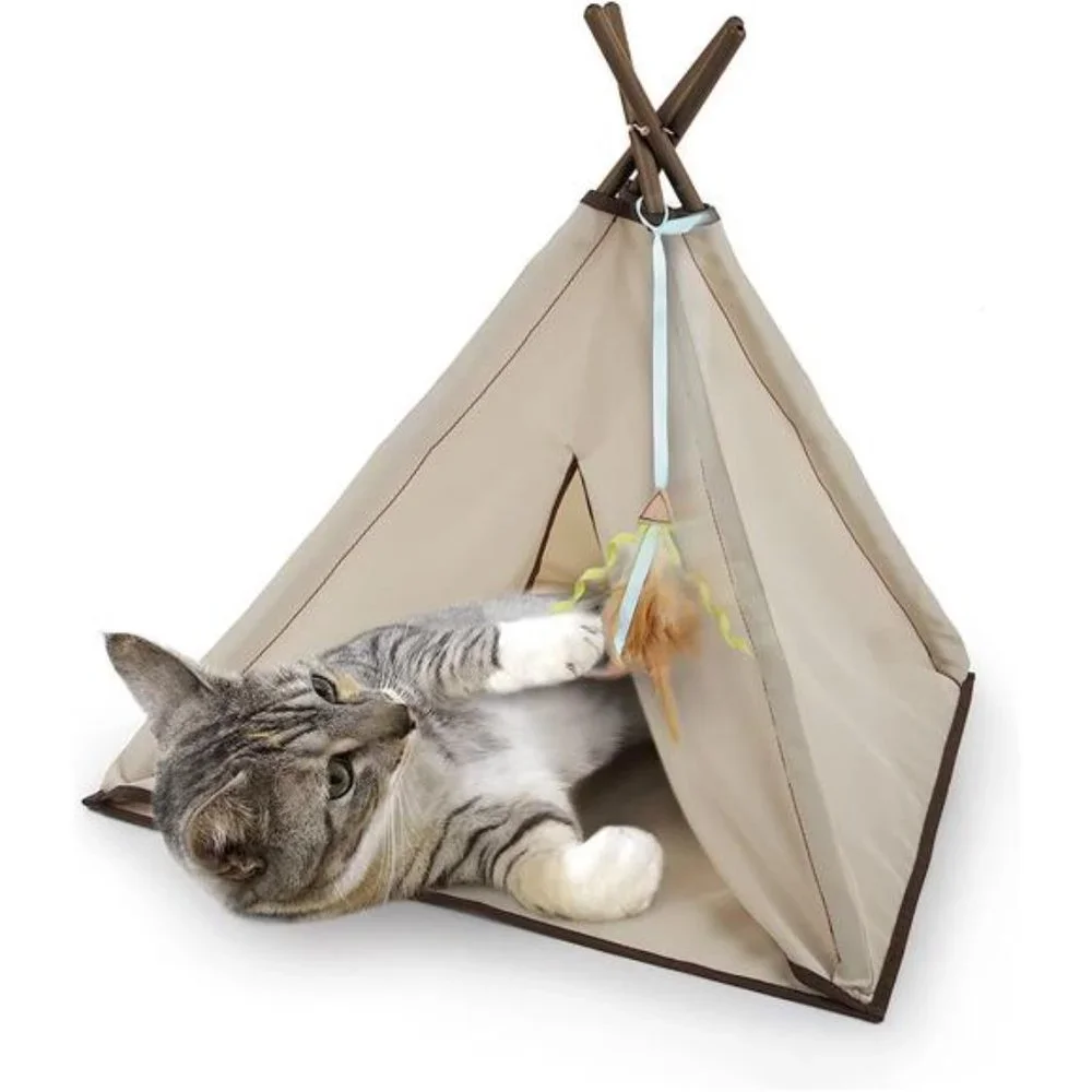 Kitty Camp Crinkle Cat Tent Hideaway with Feather Toy - Beige, One Size